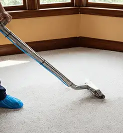 Steam carpet cleaning technician using a hot-water extraction wand on a residential carpet, wearing blue protective shoe covers Hollywood, FL.